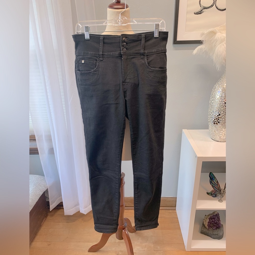 Curve Appeal High Waisted Button Front Black Denim Skinny Jean Stretch Size 8/29